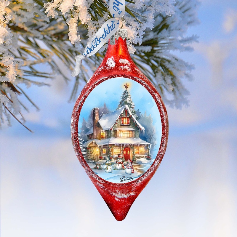 Christmas Cottage in Red Drop Glass Ornament by G. Debrekht Christmas Decor – 757-043