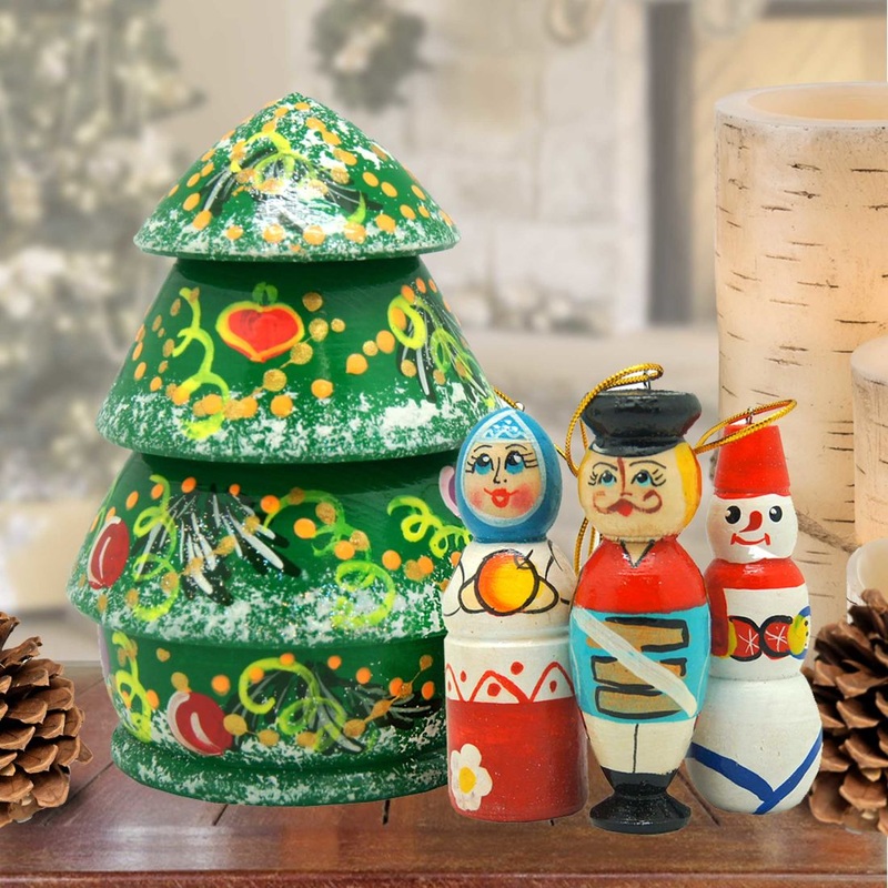 Christmas Tree Hand-Painted Doll with Set of Wooden Ornaments by G. DeBrekht – Christmas Decor – 110802-2