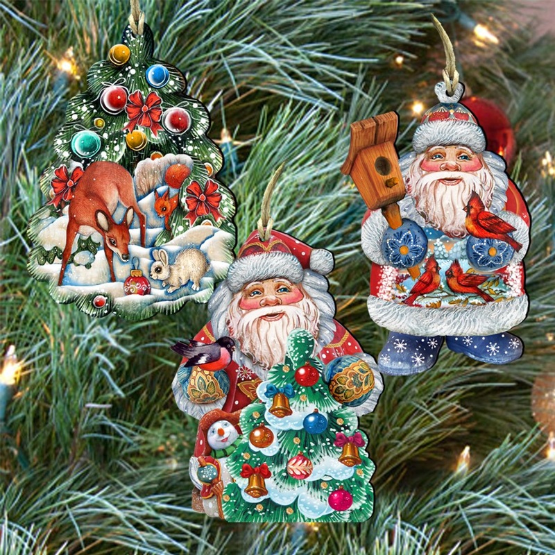 Father Frost Tales Wooden Ornaments Set of 3 by G. DeBrekht – Christmas Santa Snowman Decor – 8100021S3