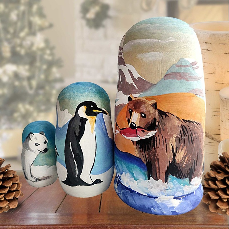 Fisherman Bear Matreshka Nesting Hand-Painted Doll Set of 3 by G. DeBrekht – Coastal Holiday Decor – 14775