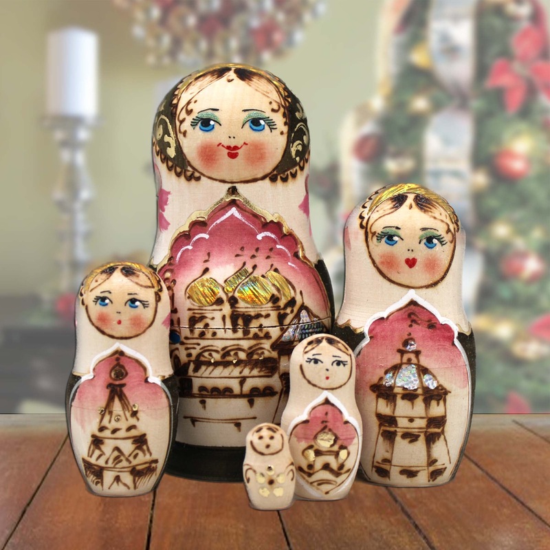 Golden Cathedral Matreshka Nesting Hand-Painted Doll Set of 5 by G. DeBrekht – Christmas Decor – 140122-2