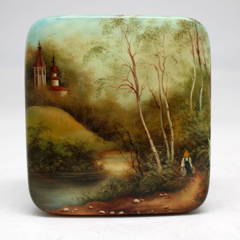 Handpainted Summer One-of-a-Kind Fedoskino Papier Mache Lacquered Miniature Box 4 x 3.5 Unique Handmade Gift Collectible and Home Decoration