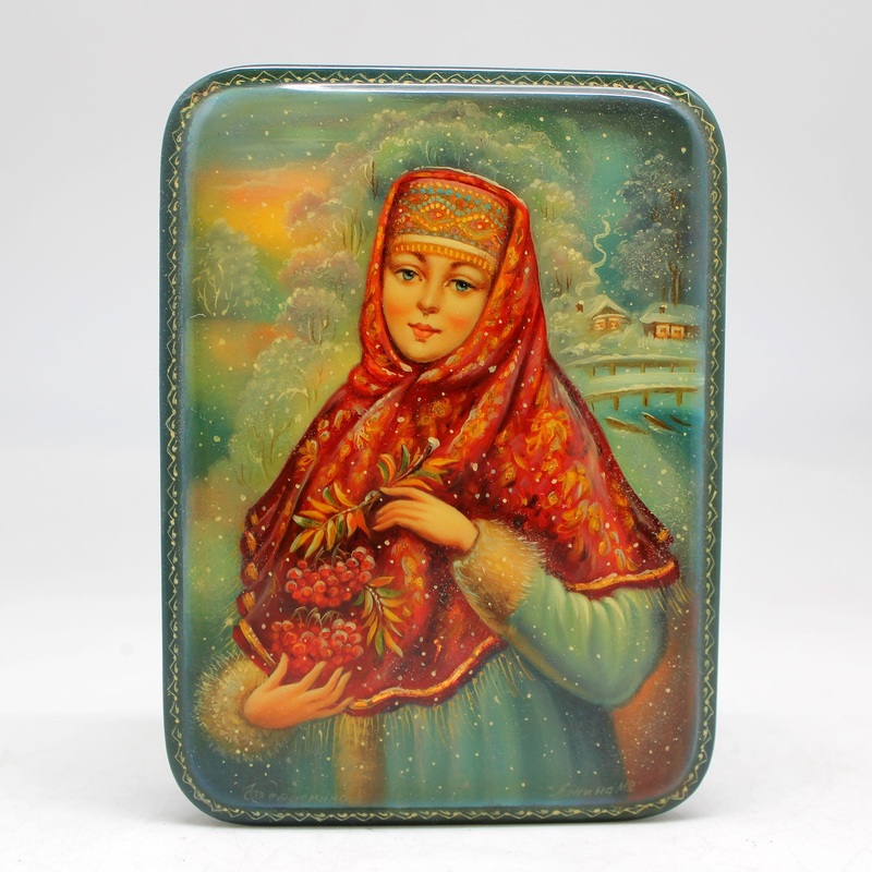 Handpainted Village Girl with Berries One-of-a-Kind Fedoskino Papier Mache Lacquered Miniature Box 5 x 3.5 Unique Handmade Gift Collectible and Home Decoration