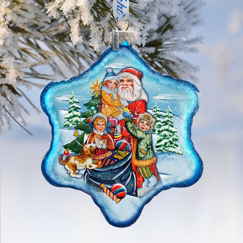Holiday Joy in Blue Snowflake Glass Ornament by G. Debrekht – Christmas Santa Snowman Decor – 751-004B