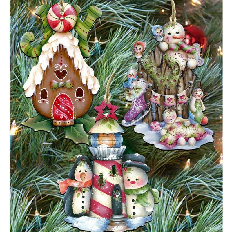 Holiday Wooden Ornaments Set of 3 Gift Set by Jamie Mill-Price – Christmas Santa Snowman Decor – 8100044S3