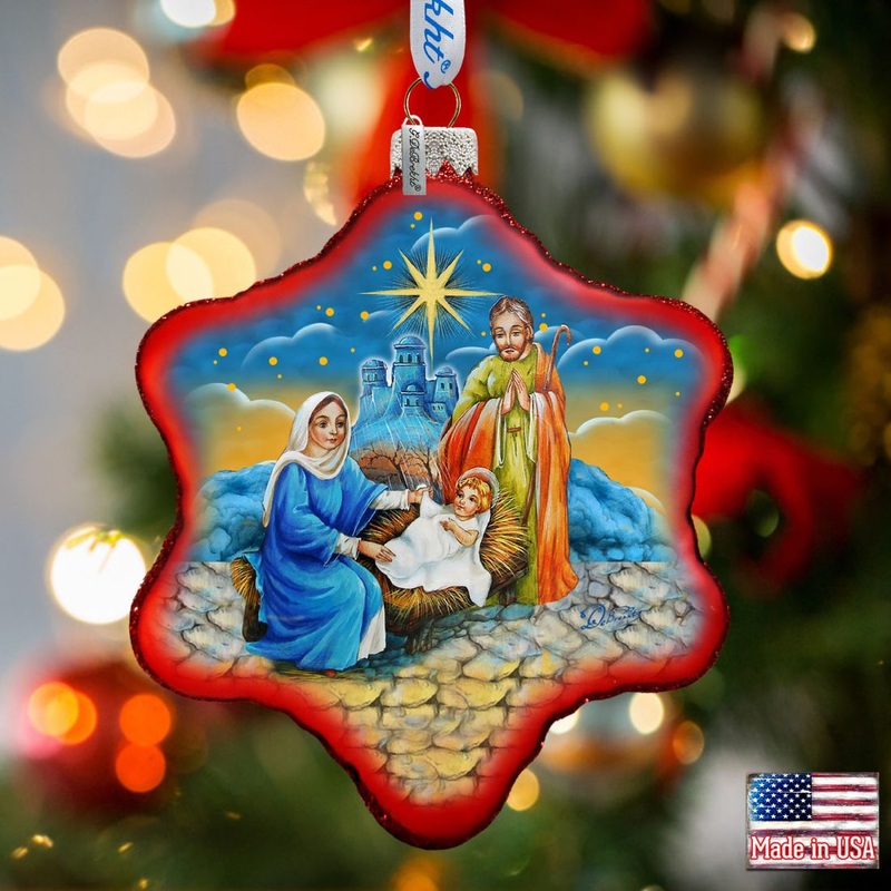 Holy Family Snowflake Glass Ornament by G. DeBrekht – Nativity Holiday Decor – 73552S