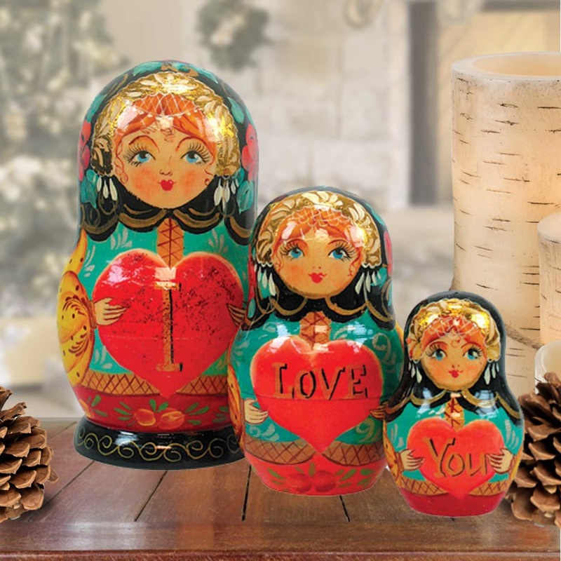 I Love You Matreshka Nesting Hand-Painted Doll Set of 3 by G. DeBrekht – Love Family Kids Decor – 147010
