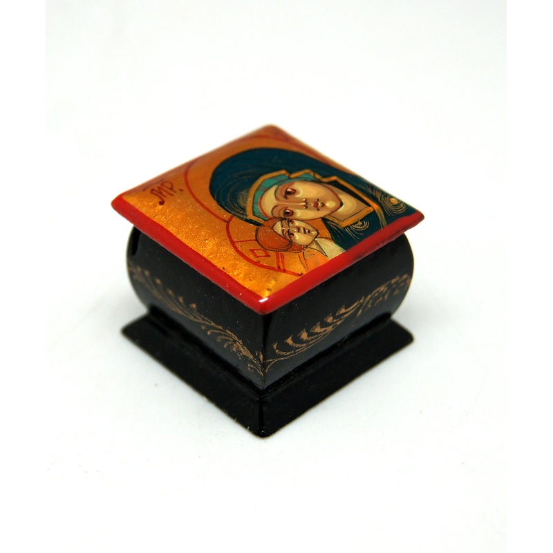 Mary and Jesus Tiny Palekh Miniature Jewelry Box Authentic Hand Painted by