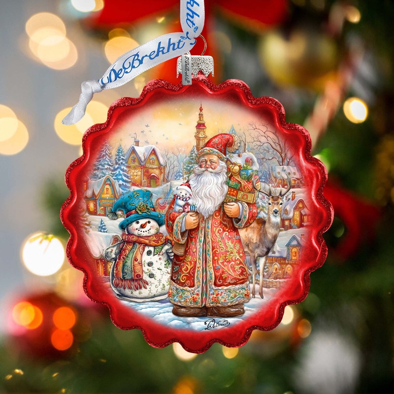 Merry Christmas Wreath Glass Ornament by G. Debrekht – Christmas Santa Snowman Decor – 759-058