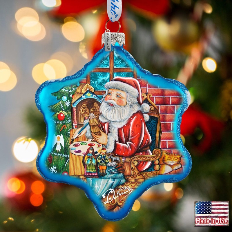 Nativity Workshop Snowflake Glass Ornament by G. DeBrekht – Christmas Santa Snowman Decor – 754-003