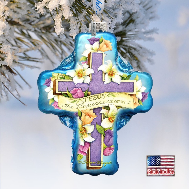 Resurrection Cross Glass Ornament by Susan Winget – Nativity Holiday Decor – 758-303-SW