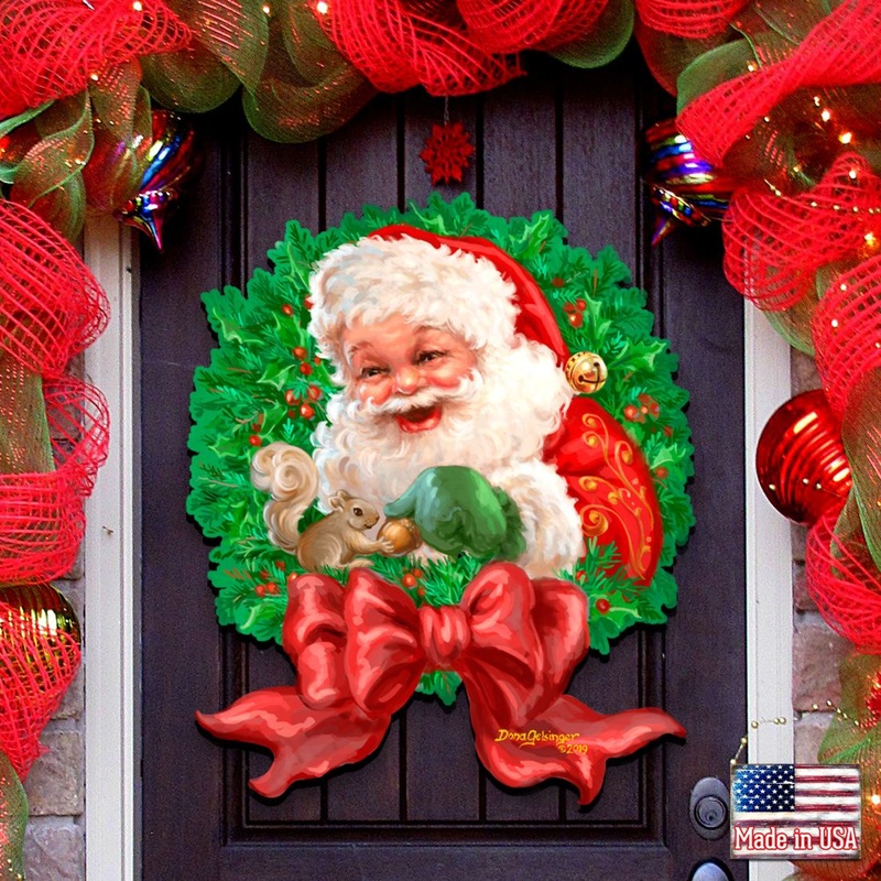 Santa Bow Holiday Door Wreath by D. Gelsinger – Christmas Santa Snowman Decor – 8461014H-1309