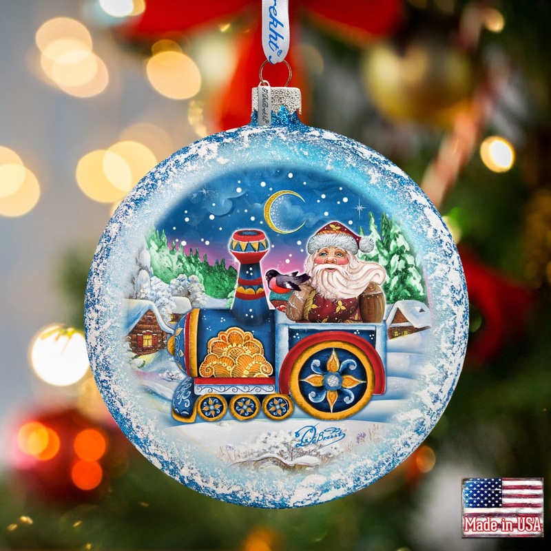 Santa Express Glass Ornament by G. DeBrekht – Christmas Santa Snowman Decor – 744-040