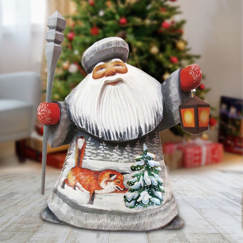 Santa Foxy Play Father Frost Hand-Painted WOODCARVED Figurine by G. DeBrekht – Wildlife Holiday Decor – 8215676 *** PRE-ORDER – Handmade Just for You! ***