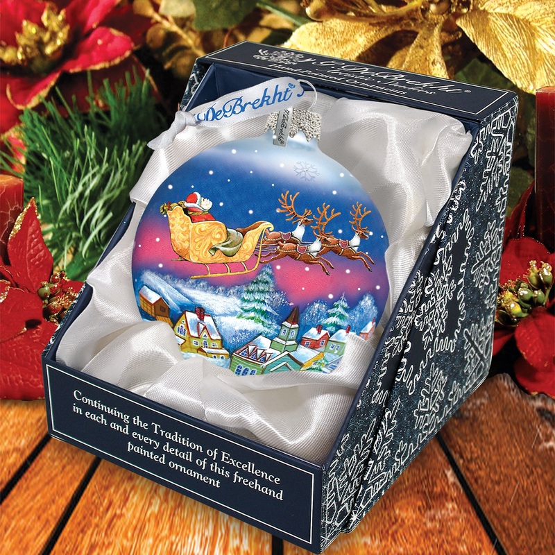 Santa on Sleigh Ball Glass Ornament by G. DeBrekht – Christmas Santa Snowman Dcor – 73311