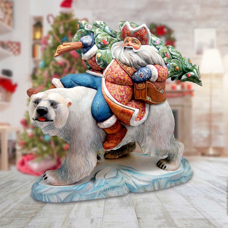 Santa Polar Bear Ride Hand-Painted WOODCARVED Masterpiece by G. DeBrekht – Christmas Decor – L2000011 – SPECIAL ORDER *** PRE-ORDER – Handmade Just for You! ***