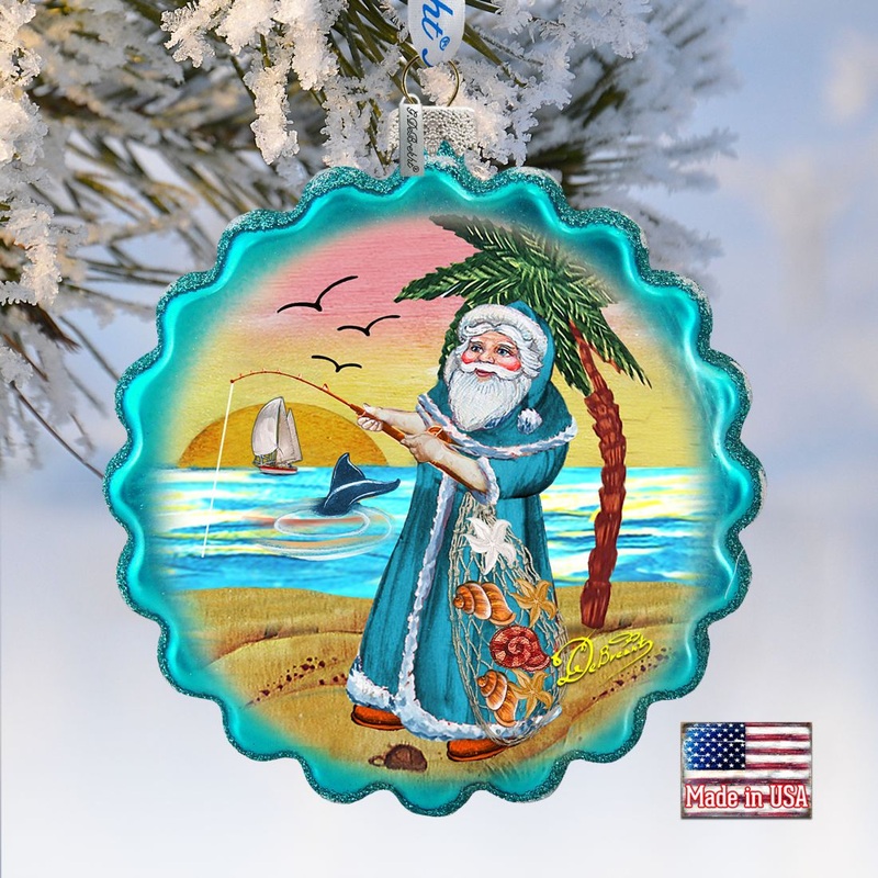 Santa with Shells Wreath Glass Ornament by G. DeBrekht – Coastal Holiday Decor – 759-041