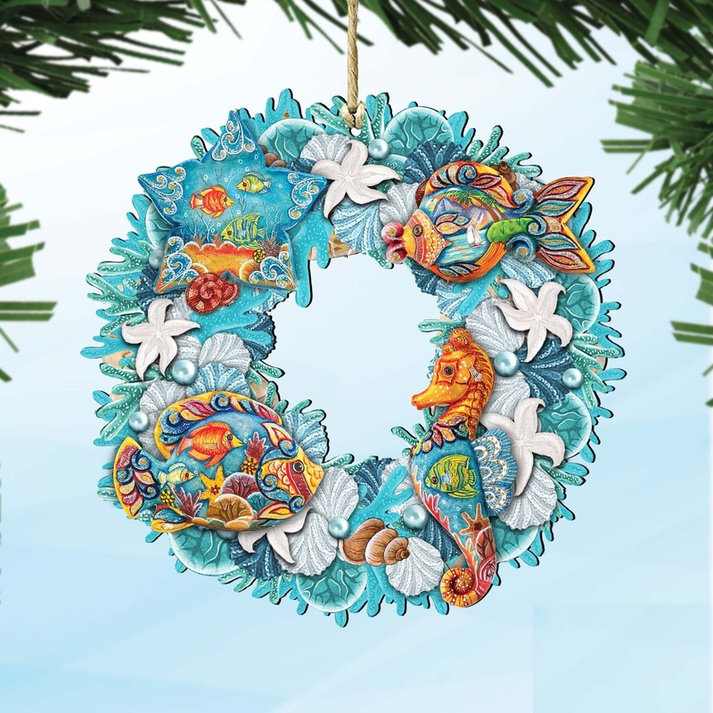 Sea Creatures Wreath Wooden Ornaments by G. DeBrekht – Coastal Holiday Decor – 8185306-3