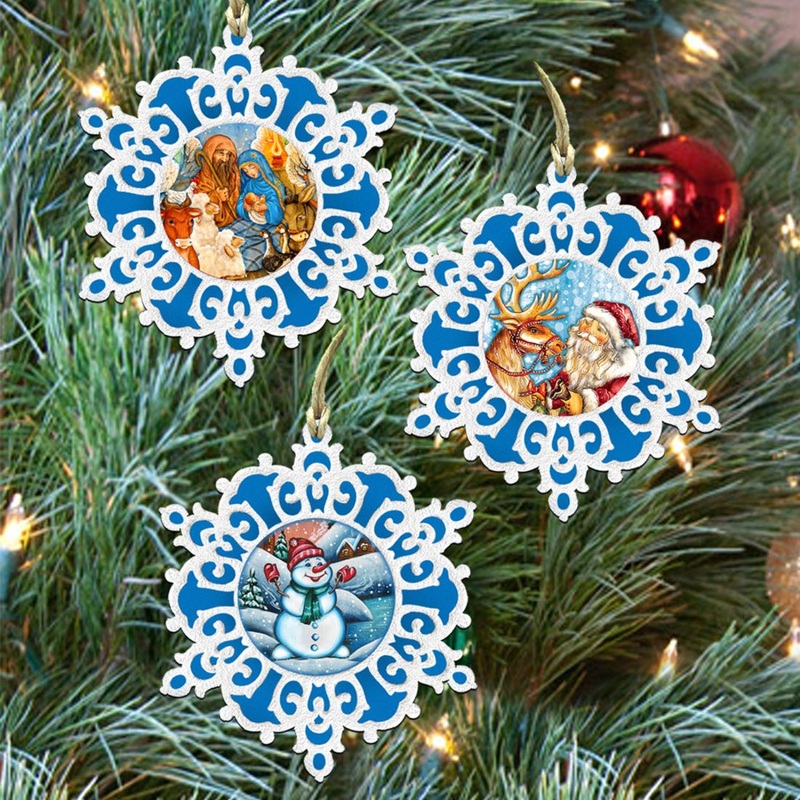 White Christmas Snowflakes Wooden Ornaments Set of 3 by G. DeBrekht – Christmas Santa Snowman Decor – 8100017S3