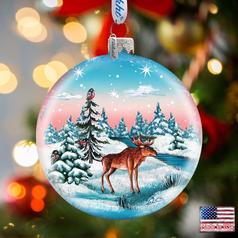 Winter Moose Ball Glass Ornament by G. DeBrekht – Wildlife Holiday Decor – 73417