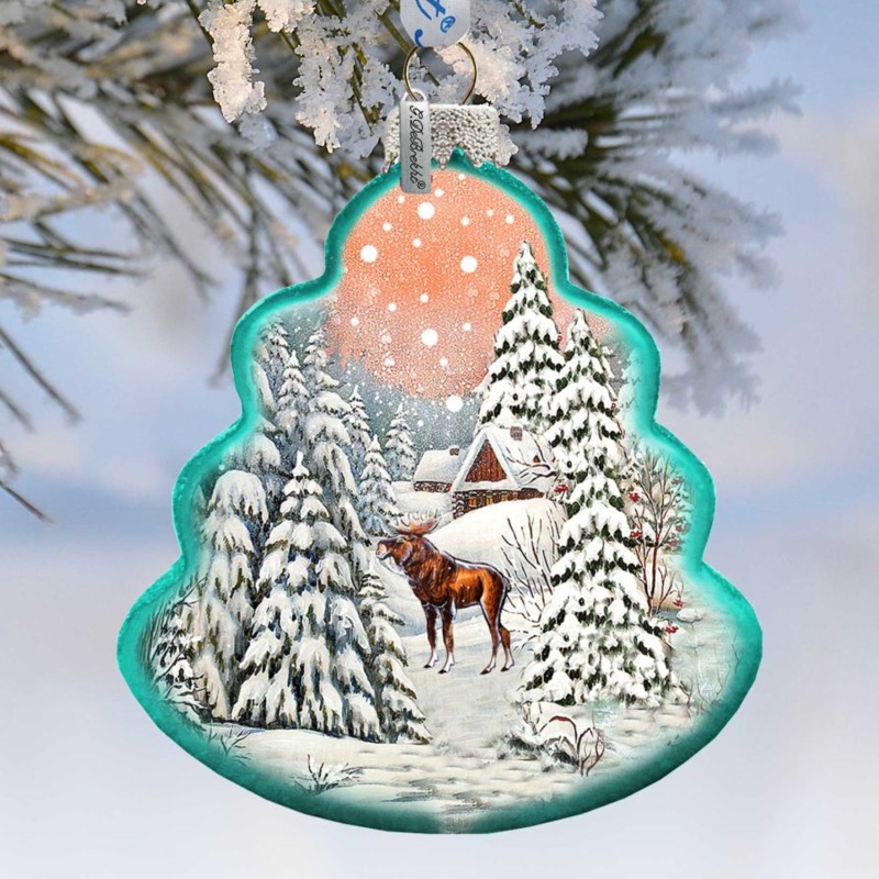 Winter Village with Moose Tree Glass Ornament by G. DeBrekht – Christmas Decor – 762-021