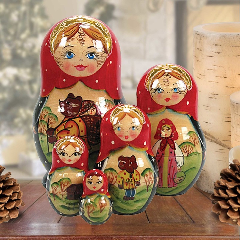 Bear and a Girl Matreshka Nesting Hand-Painted Dolls Set of 5 by G. DeBrekht – Christmas Decor – 120053