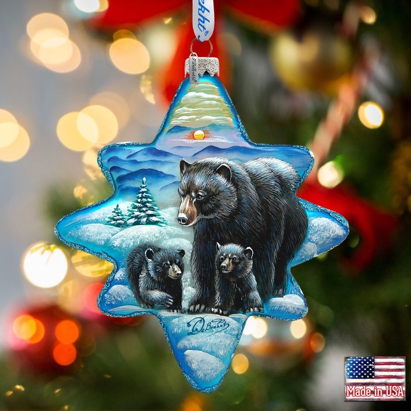 Black Bears Story North Star Glass Ornament by G. DeBrekht – Wildlife Holiday Decor – 755-090