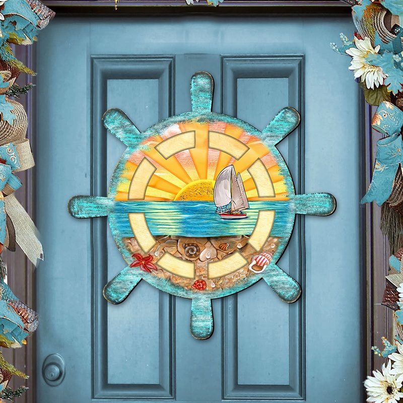 Captains Wheel Coastal Outdoor Door Decor by G. DeBrekht – Coastal Holiday Decor – 8198536H