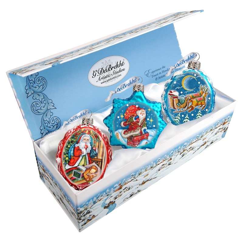 Christmas Night Mercury Glass Ornaments Set of 3 by G. DeBrekht – Christmas Santa Snowman Decor – 770103-2S3