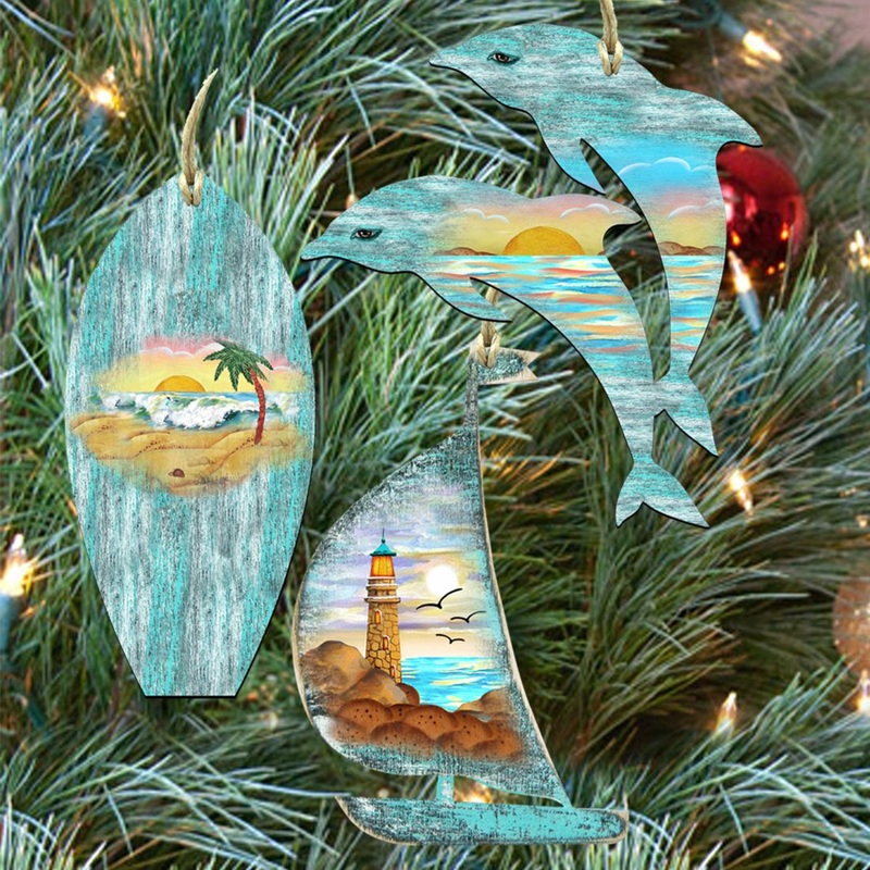 Coastal Wooden Ornaments Surfboard, Sailboat, Dolphins Set of 3 by G. DeBrekht – Coastal Holiday Dcor – 8100048S3