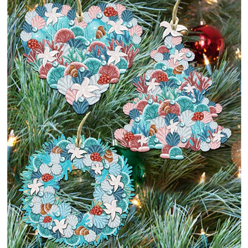 Coastal Wreath Wooden Ornaments Set of 3 by G. DeBrekht – Coastal Holiday Decor – 8100033S3
