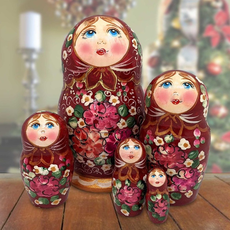 Dark Red Floral Matreshka Nesting Hand-Painted Dolls Set of 5 by G. DeBrekht – Christmas Decor – 140140-5