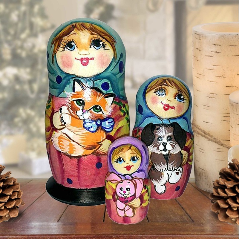 Friendship Cat and Dog Matreshka Nesting Hand-Painted Doll Set of 3 by G. DeBrekht – Pets Dog and Cats Decor – 14732