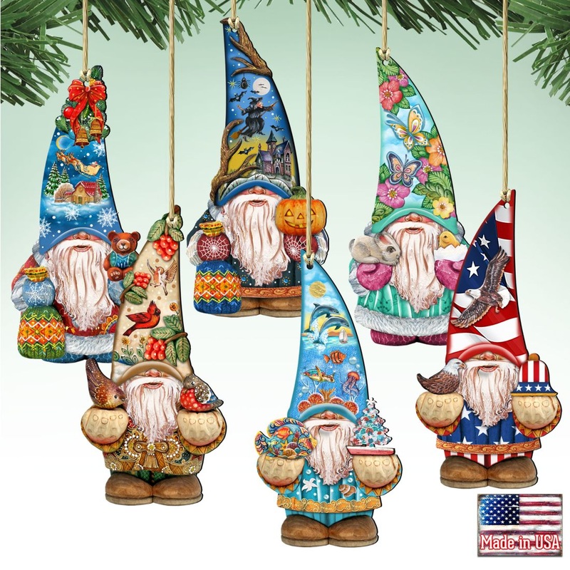 Gnome Friends Wooden Ornaments Set of 6 by G. DeBrekht – Christmas Santa Snowman Decor – 8611010-S6