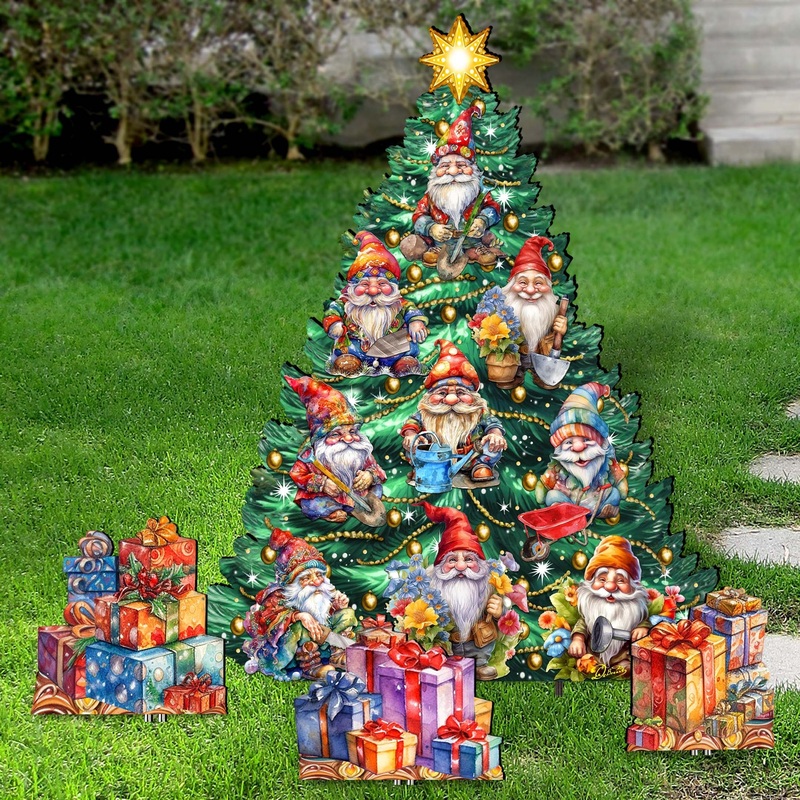 Gnomes-Themed Christmas Tree Set Outdoor Indoor Decor Wooden Christmas Decoration by G. Debrekht Christmas Decor – 8191512F-G