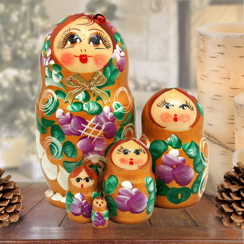 Golden Floral Matreshka Nesting Hand-Painted Dolls Set of 5 by G. DeBrekht – Christmas Decor – 140133