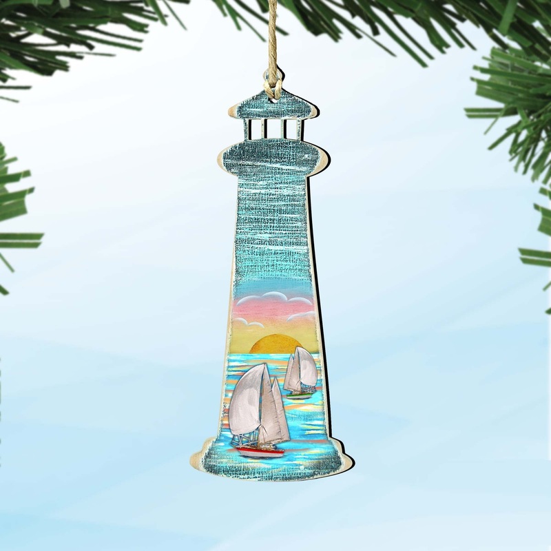 Lighthouse Palm Tree Wooden Ornaments by G. DeBrekht – Coastal Holiday Decor – 8198526