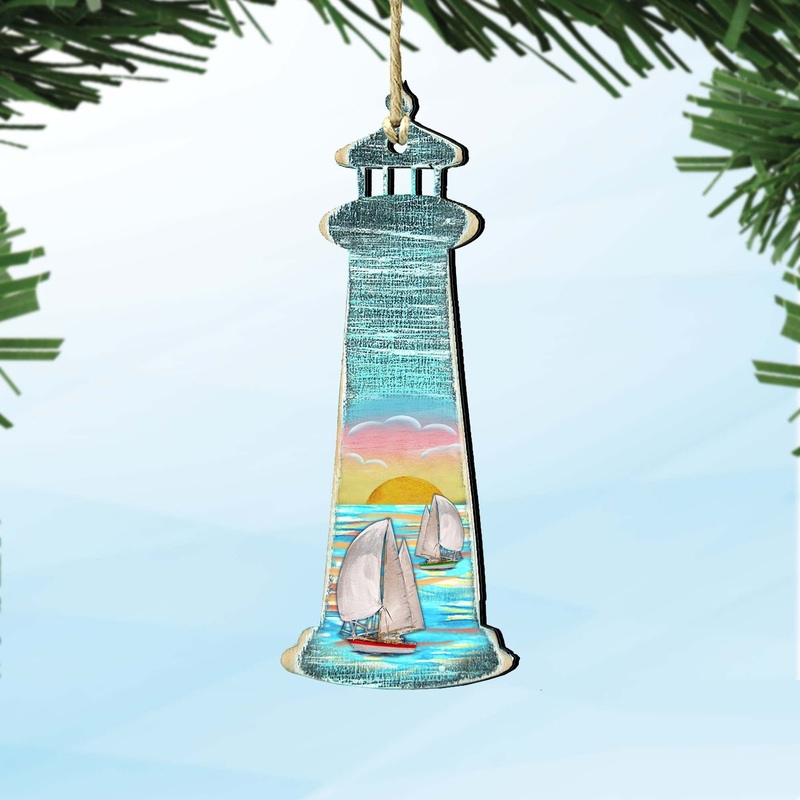 Lighthouse Sailboat Wooden Ornaments by G. DeBrekht – Coastal Holiday Decor – 8198526-2