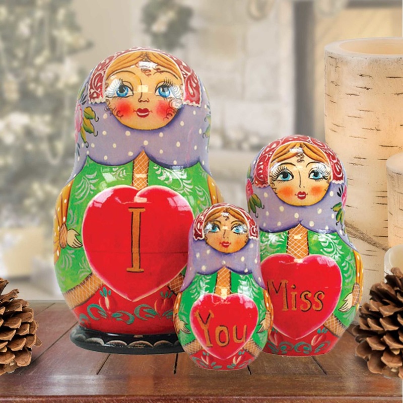 Miss You Matreshka Nesting Hand-Painted Doll Set of 3 by G. DeBrekht – Love Family Kids Decor – 147030