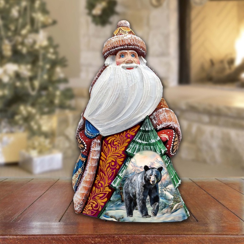 Mystical Grizzly Santa Hand-Painted WOODCARVED Figurine by G. DeBrekht – Christmas Santa Snowman Decor – 8208015