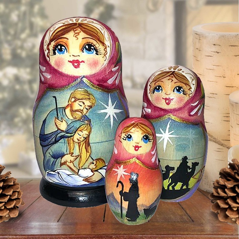 Nativity with Three Kings Matreshka Nesting Hand-Painted Doll Set of 3 by G. DeBrekht – Nativity Holiday Decor – 14731