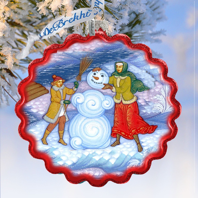 Palekh Building Snowman Wreath Glass Ornament by G. DeBrekht – Christmas Decor – 759-038