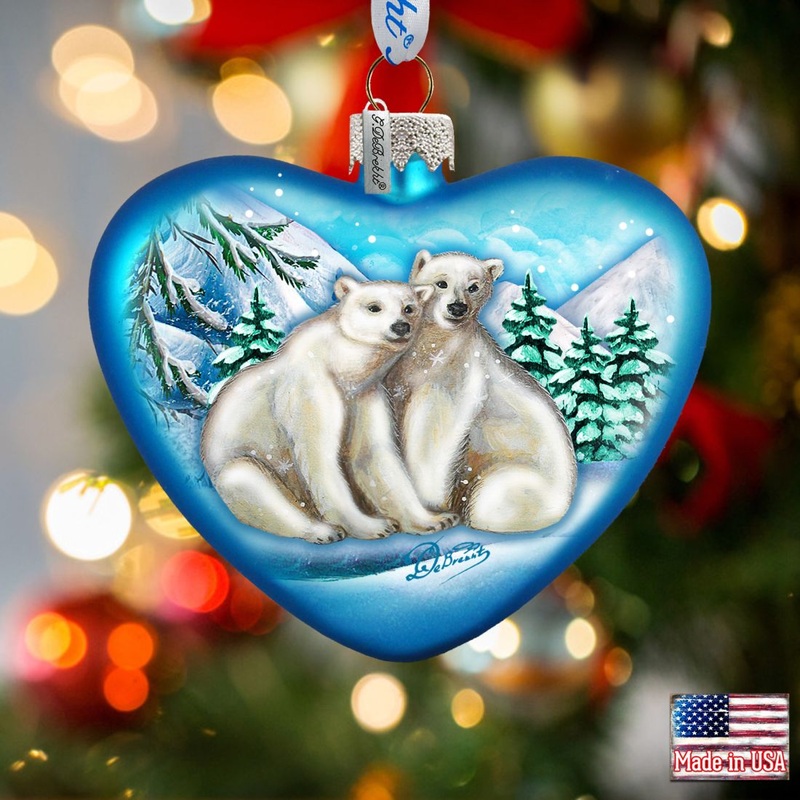 Polar Bear Love Heart Glass Ornament by G. DeBrekht – Wildlife Holiday Decor – 744-021