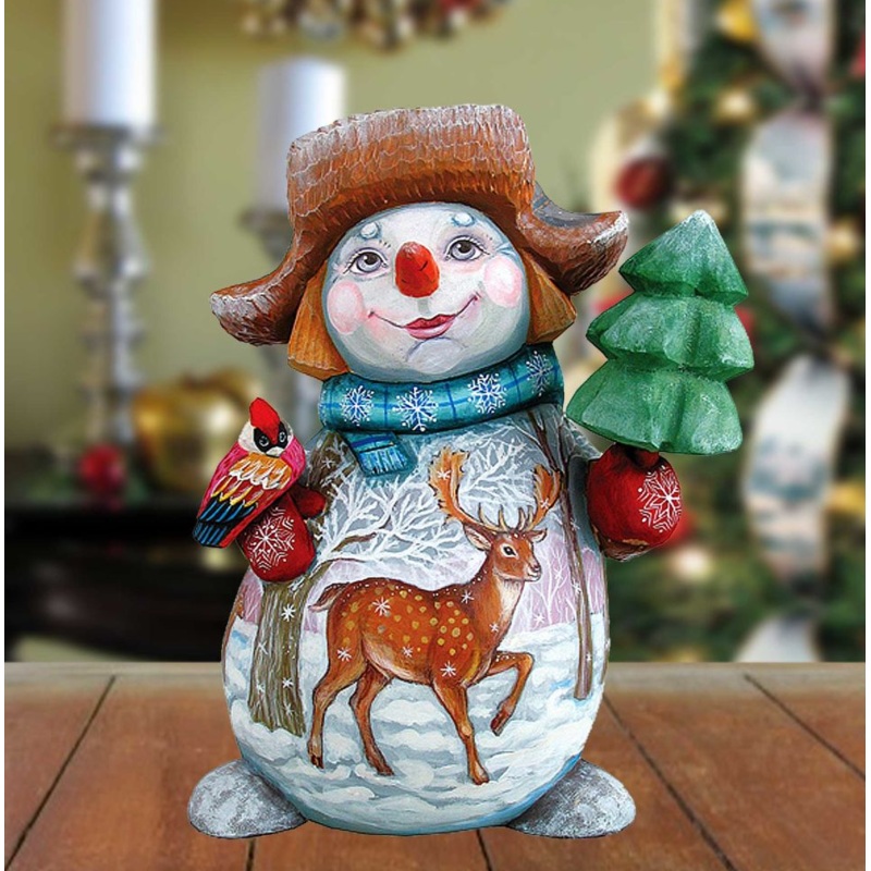 Reindeer Snowman and Broom Hand-Painted WOODCARVED Figurine by G. DeBrekht – Wildlife Holiday Decor – 8215882 *** PRE-ORDER – Handmade Just for You! ***