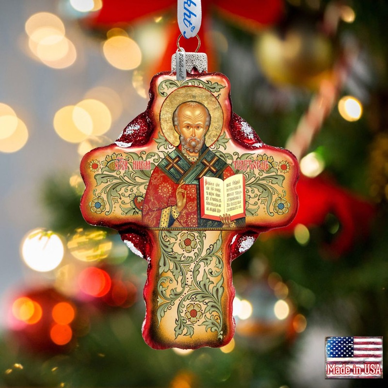 Saint Nicholas Icon Cross Glass Ornament by G. DeBrekht – Nativity Holiday Decor – 758-004