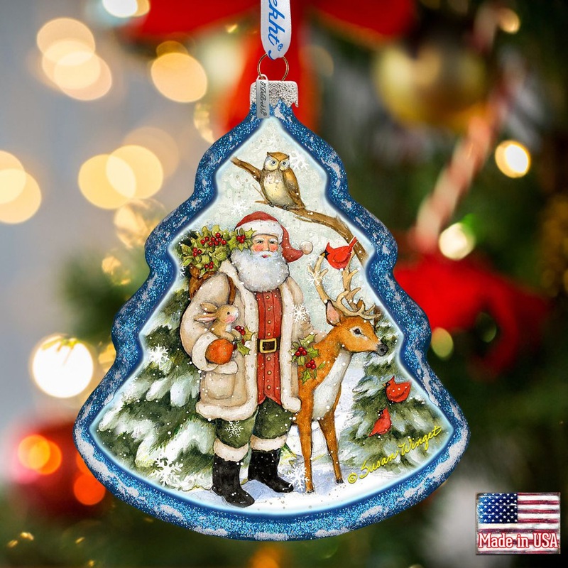 Santa in the Forest Glass Ornament by Susan Winget – Christmas Santa and Snowman Decor – 762-209-SW