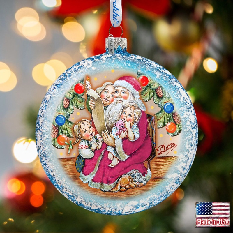 Santa List Circle Glass Ornament by G. DeBrekht – Christmas Santa Snowman Decor – 744-011