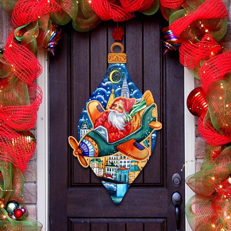 Santa On an Airplane Christmas Door Decor by G. DeBrekht – Christmas Santa Snowman Decor – 8112170H