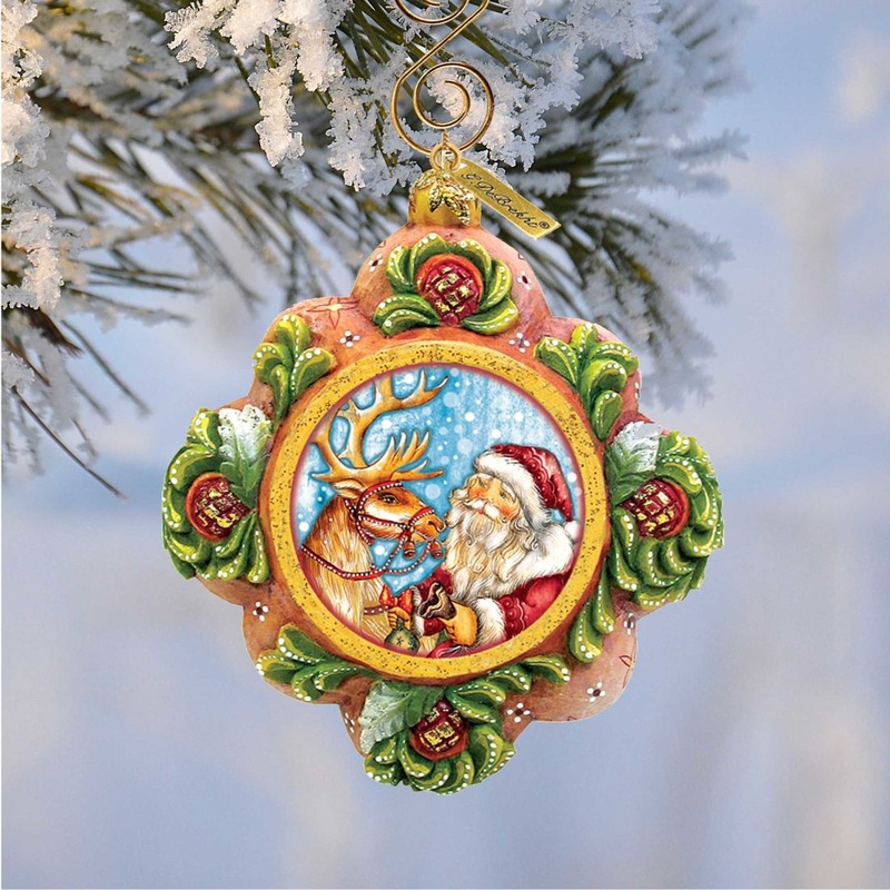 Santa with Reindeer Sculpted Hand-Painted Christmas Ornament by G. DeBrekht – Christmas Santa Snowman Decor – 6102542