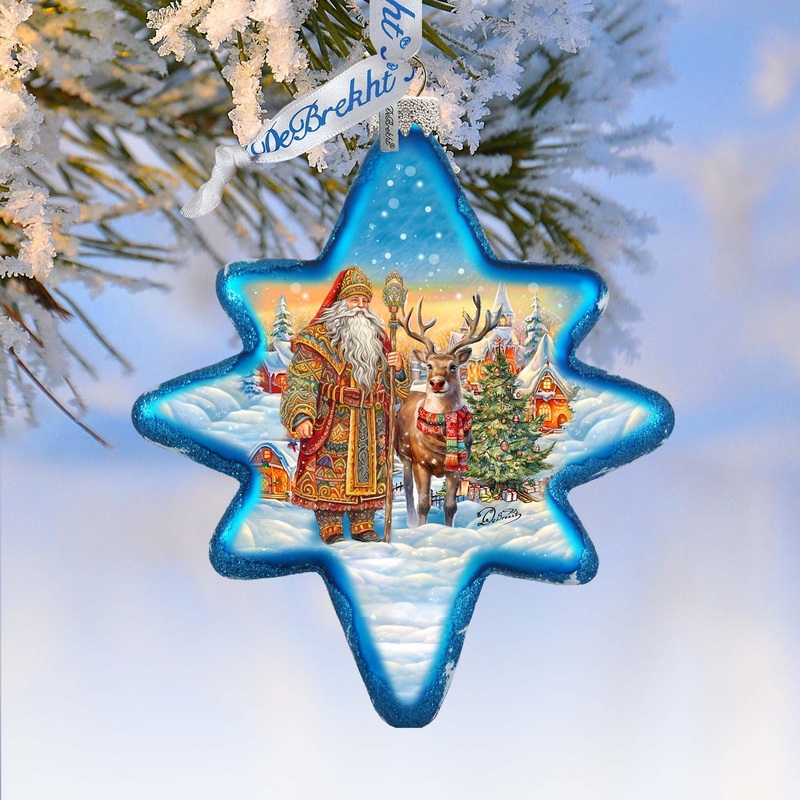 Santa with Reindeer Star Glass Ornament by G. Debrekht – Christmas Santa Snowman Decor – 755-050